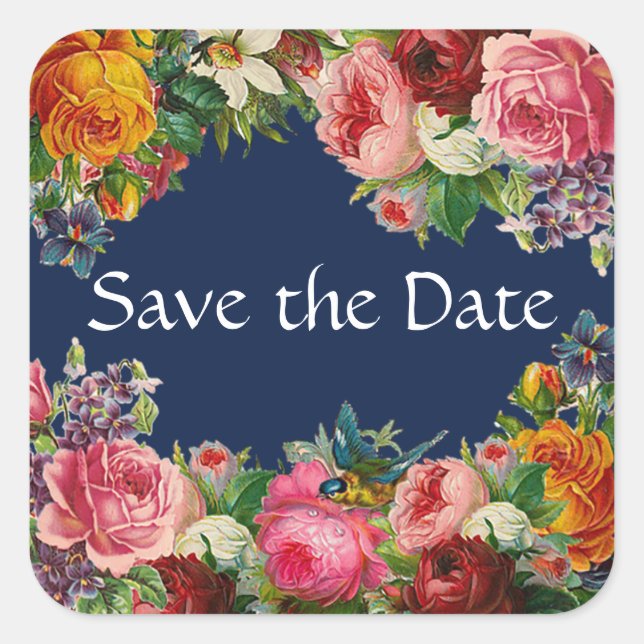 Save the Date Blue Floral Burgundy Rose Stickers (Vorderseite)