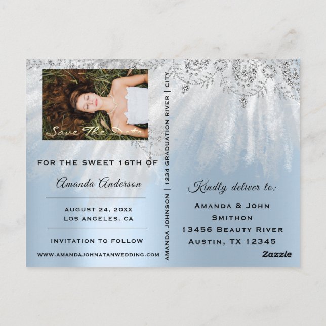 Save the Date Blue Foto Rose Sweet 16. Bridal Postkarte (Rückseite)