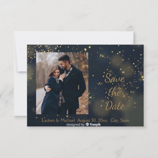 Save the Date Blue Gold Starry Night Wedding Einladung (Vorderseite)
