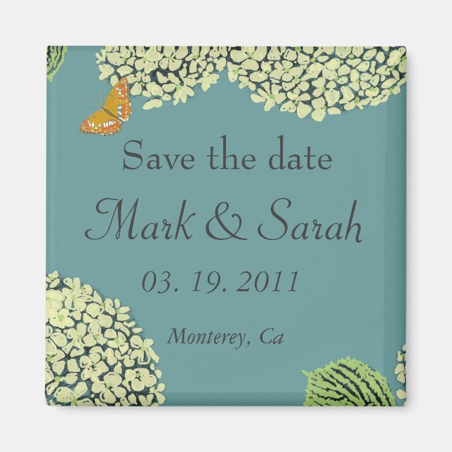Save the Date Blue Hydrangea & Butterfly Magnet (Vorne)