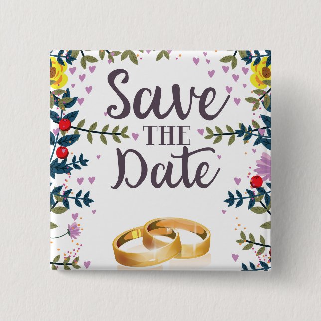 Save the Date Blume und Hochzeitsringe Button (Vorderseite)