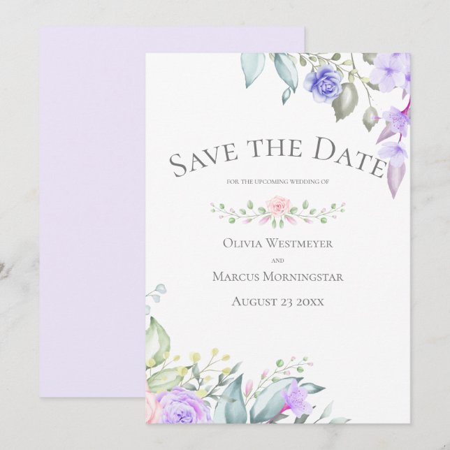 Save the Date Blume von Pale Lilac und Pink Einladung (Vorne/Hinten)