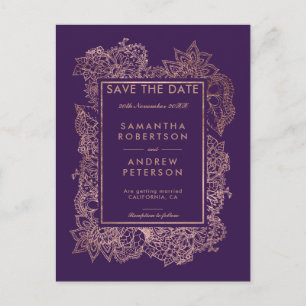Save the Date blumenreiche Rose Gold lila Trauben Ankündigungspostkarte
