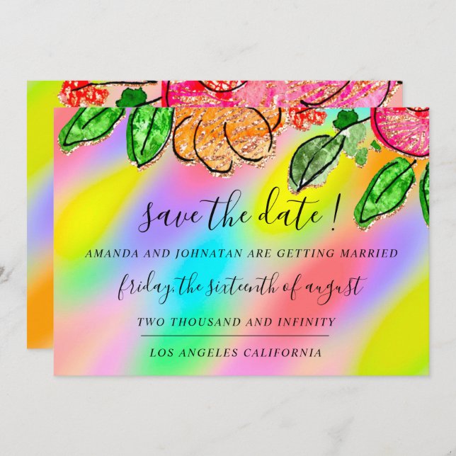 Save the Date Blumenstrauß-Rose Glitzer Holograph  (Vorne/Hinten)
