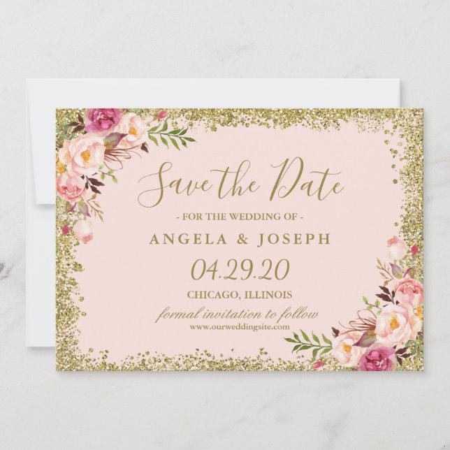 Save the Date Blush Pink Gold Glitzer Blues (Vorderseite)