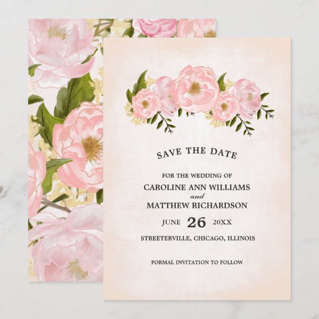 Save The Date. Blush Pink Peonies Card Date (Vorne/Hinten)