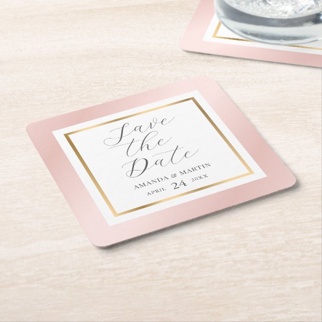 Save the Date Blush Pink und Gold Script Hochzeit Rechteckiger Pappuntersetzer (angewinkelt)