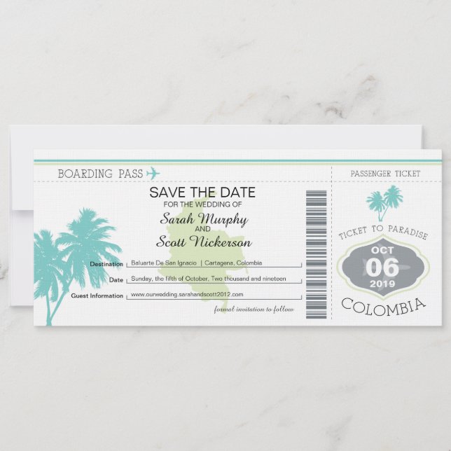 Save the Date Boarding nach Kolumbien (Vorderseite)