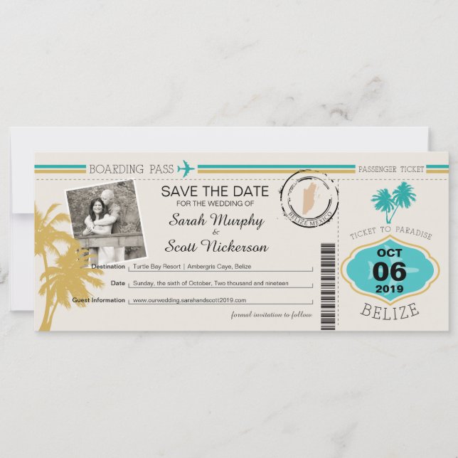 Save the Date Boarding Pass auf Belize (Vorderseite)