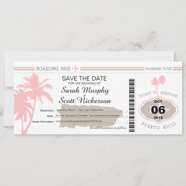 Save the Date Boarding Pass auf Puerto Rico (Vorderseite)