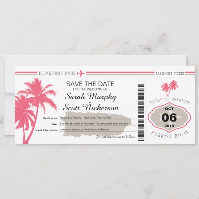 Save the Date Boarding Pass auf Puerto Rico (Vorderseite)