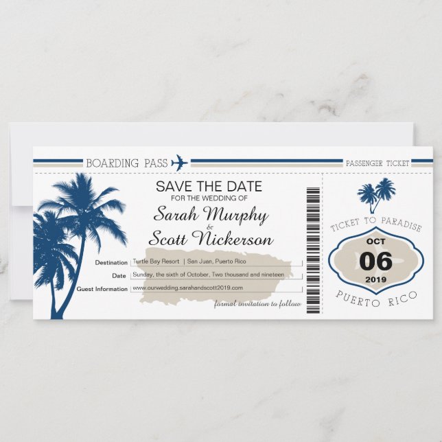 Save the Date Boarding Pass auf Puerto Rico (Vorderseite)