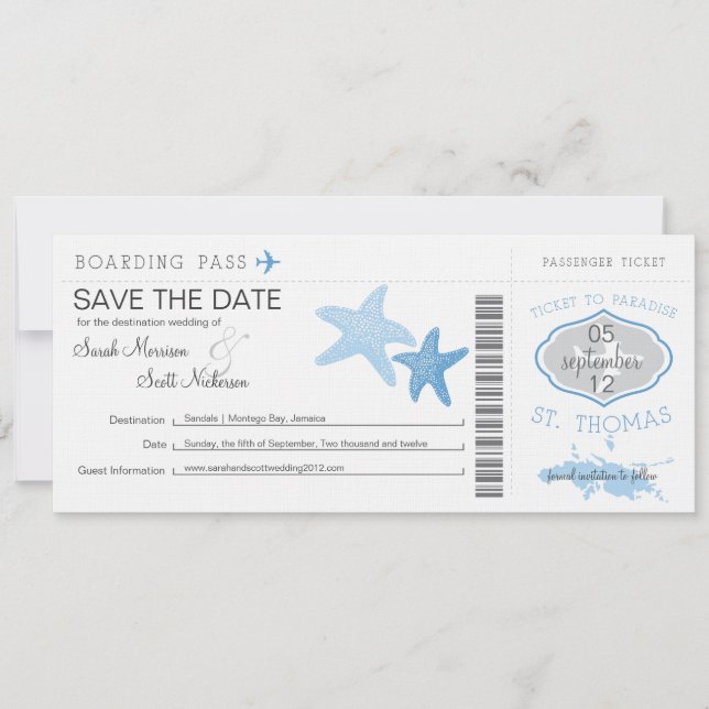 Save the Date Boarding Pass bis St. Thomas (Vorderseite)