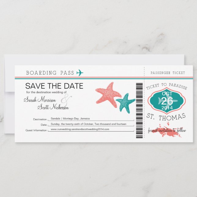 Save the Date Boarding Pass bis St. Thomas (Vorderseite)