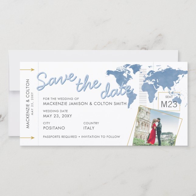 Save the Date Boarding Pass Foto Blue World Map (Vorderseite)