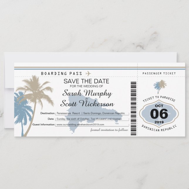 Save the Date Boarding-Pass für die Dominikanische (Vorderseite)