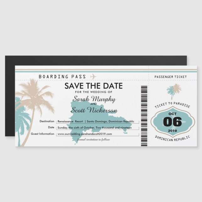 Save the Date Boarding-Pass für die Dominikanische Magneteinladung (Vorne/Hinten)