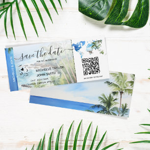 Save the Date Boarding Pass Map Beach Palm Mexiko Einladung