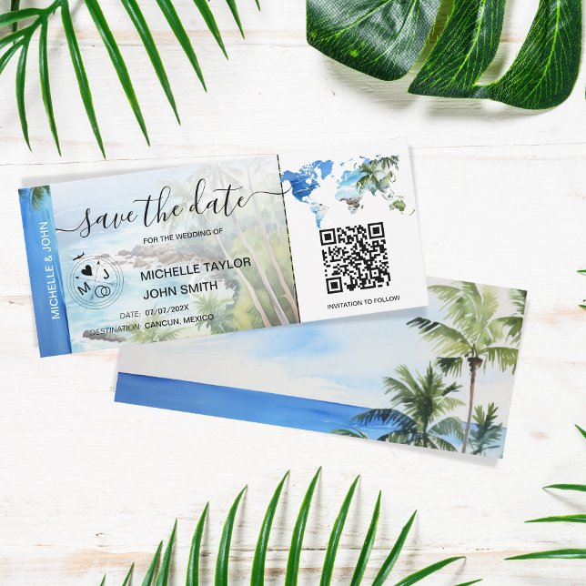 Save the Date Boarding Pass Map Beach Palm Mexiko Einladung (Von Creator hochgeladen)