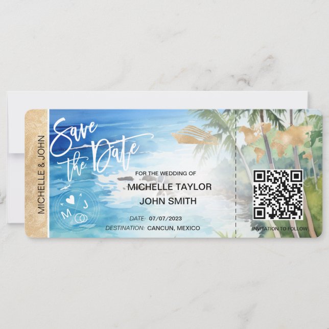 Save the Date Boarding Pass Map Cruise QR Code Inv Einladung (Vorderseite)
