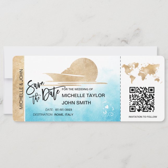 Save the Date Boarding Pass Map Kreuzschiff QRCode Einladung (Vorderseite)