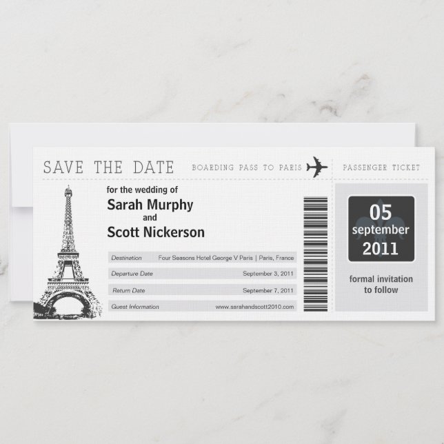 Save the Date Boarding Pass nach Paris Frankreich (Vorderseite)