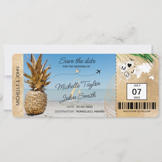 Save the Date Boarding Pass World Map Ananas in Einladung (Vorderseite)