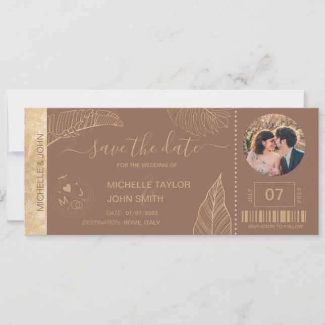 Save the Date Boarding Pass World Map Beach Foto Einladung (Vorderseite)