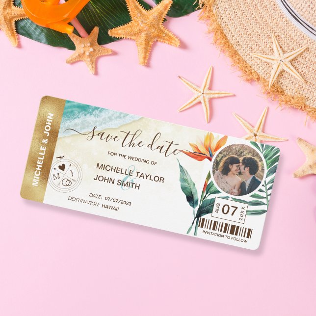 Save the Date Boarding Pass World Map Beach Foto Einladung (strelitzia and beach watercolor)