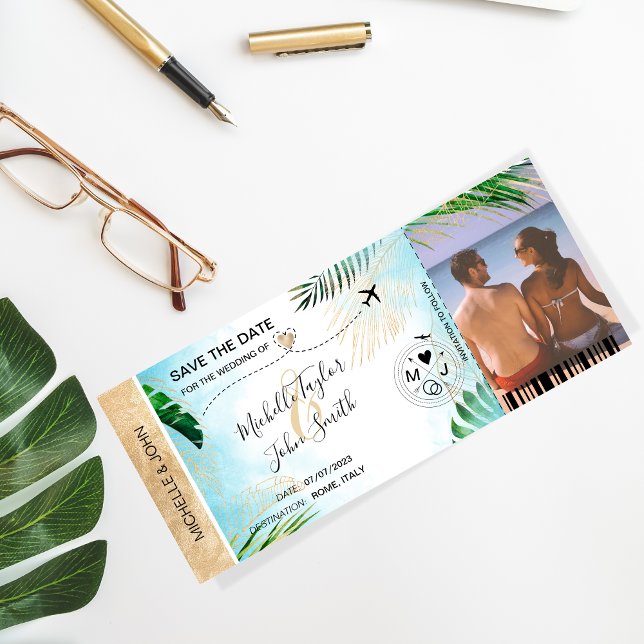 Save the Date Boarding Pass World Map Beach Foto Einladung (Von Creator hochgeladen)