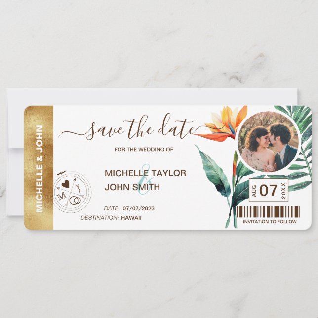 Save the Date Boarding Pass World Map Beach Foto Einladung (Vorderseite)