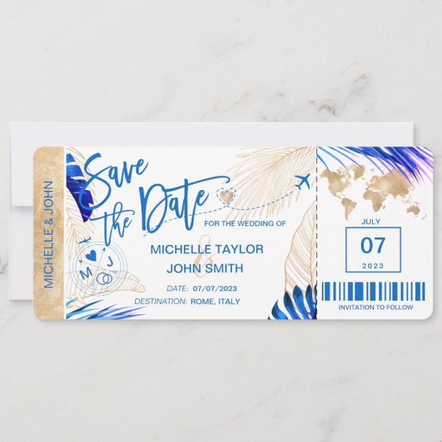 Save the Date Boarding Pass World Map Beach Invita Einladung (Vorderseite)