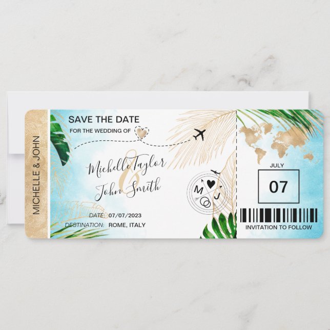 Save the Date Boarding Pass World Map Beach Invita Einladung (Vorderseite)