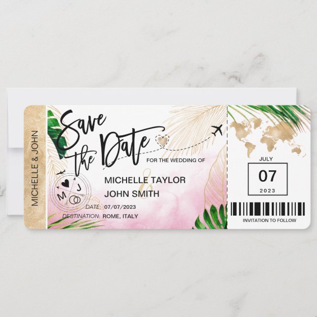 Save the Date Boarding Pass World Map Beach Invita Einladung (Vorderseite)