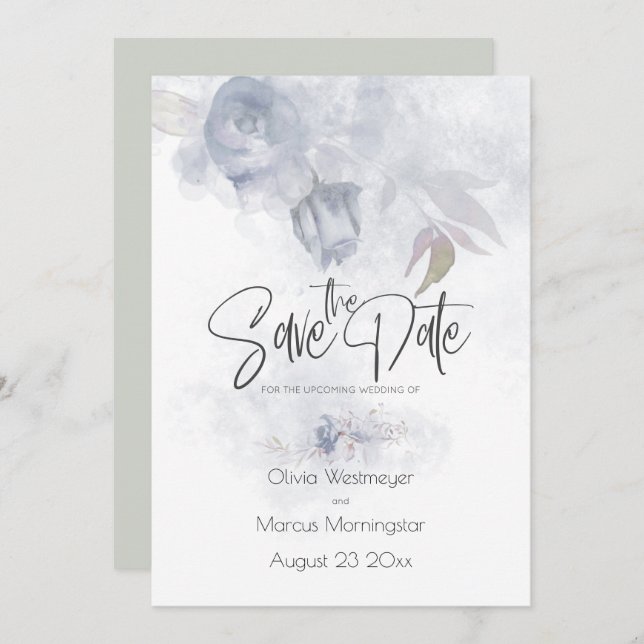 Save the Date Bohemisch Dusty Blue Floral Einladung (Vorne/Hinten)