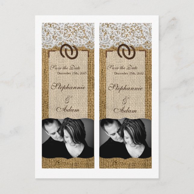 Save the Date Book Mark Favors Horse Shoes Burlap Ankündigungspostkarte (Vorderseite)