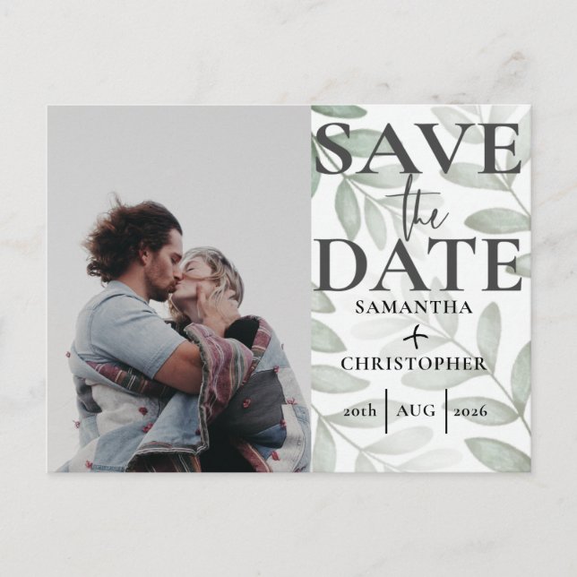 Save the Date Botanisches Foto Grün Hochzeit A Ankündigungspostkarte (Vorderseite)