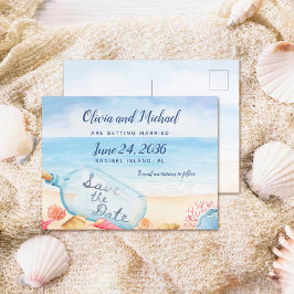 Save the Date Botschaft in Bottle Beach Hochzeit Ankündigungspostkarte