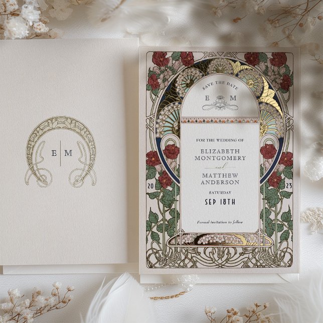 Save the Date Bougainvillea Burgundy Gold Wedding Folieneinladung (Von Creator hochgeladen)