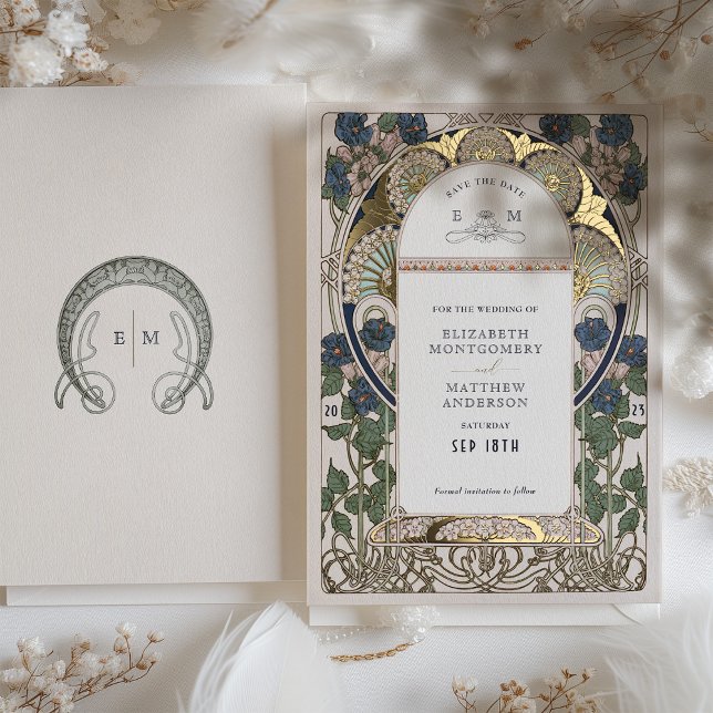 Save the Date Bougainvillea Navy Blue Gold Wedding Folieneinladung (Von Creator hochgeladen)