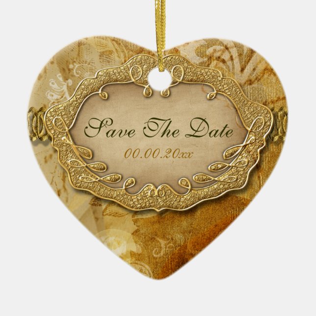 "Save the Date" braunes GoldVintage Hochzeit Keramikornament (Vorne)