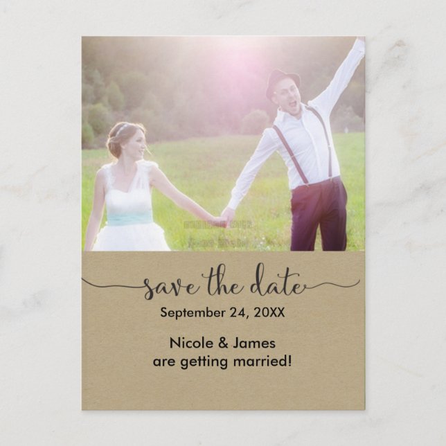 SAVE THE DATE Brown Kraft Foto Wedding Postcard Ankündigungspostkarte (Vorderseite)