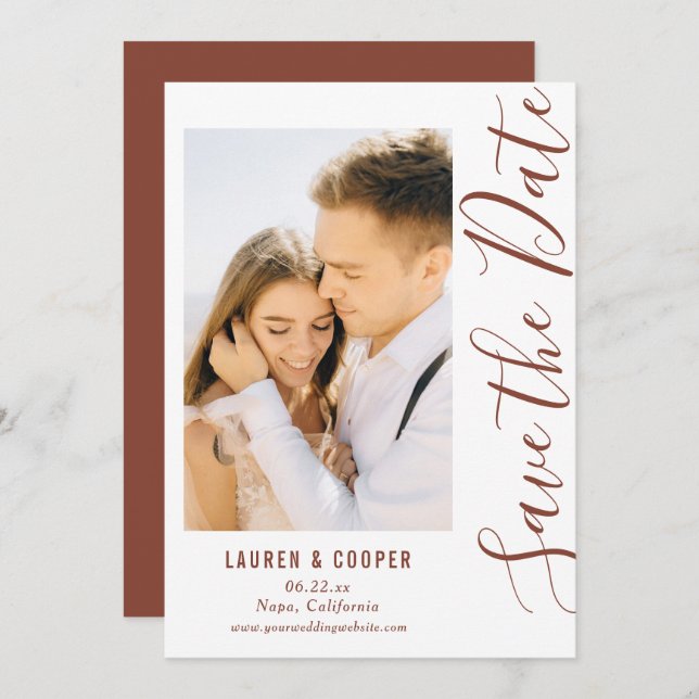 Save the Date Brown stylish Script Modern Wedding (Vorne/Hinten)