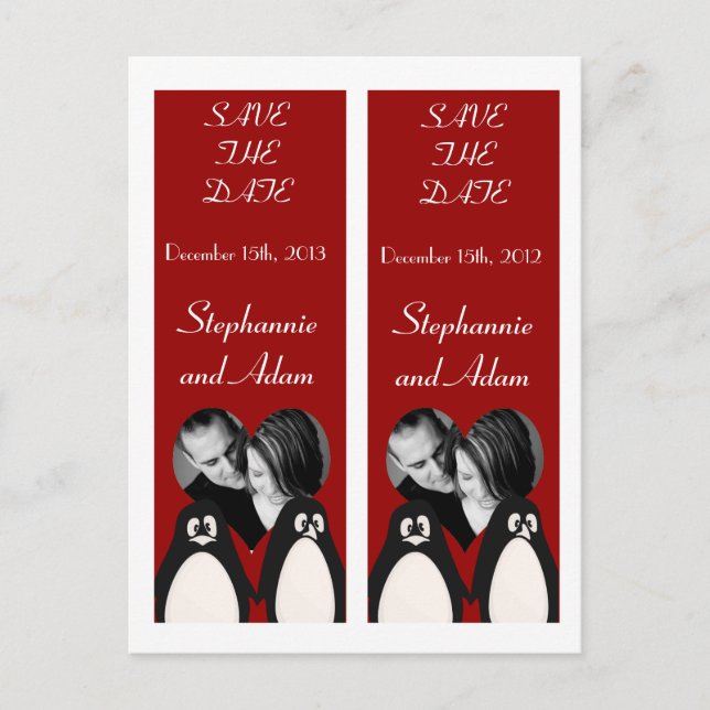 Save the Date Buch Favoriten Penguin Liebe Couple  Ankündigungspostkarte (Vorderseite)