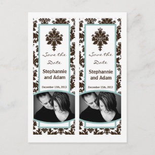 Save the Date Buch Mark Favors Brown Tiffan Damask Ankündigungspostkarte