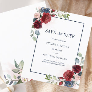 Save the Date Burgund Floral Navy Blue