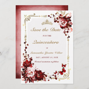 Save the Date Burgund und Gold Quinceanera Einladung