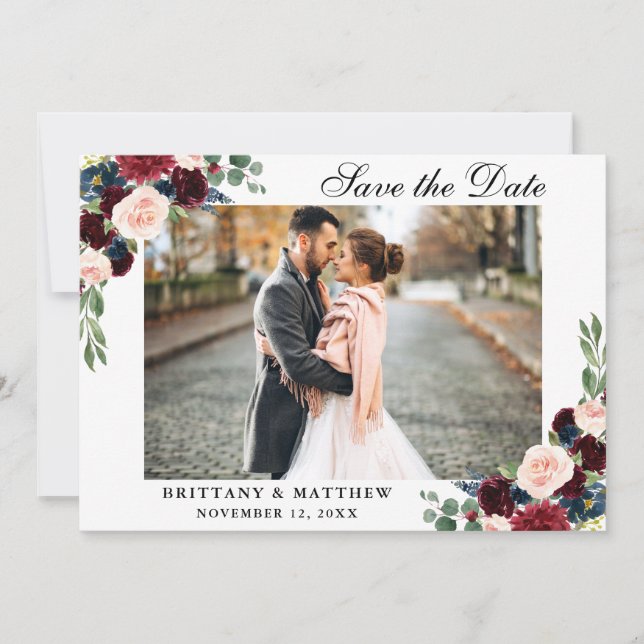 Save the Date Burgundy Blue Floral Foto Card Dankeskarte (Vorderseite)