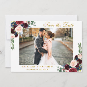 Save the Date Burgundy Blue Floral Foto Gold Card Dankeskarte