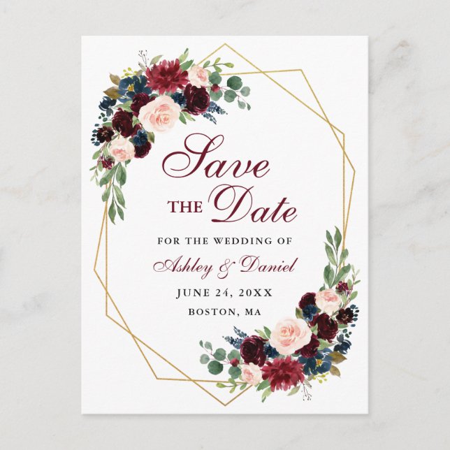 Save the Date Burgundy Blue Floral Gold Frame Ankündigungspostkarte (Vorderseite)